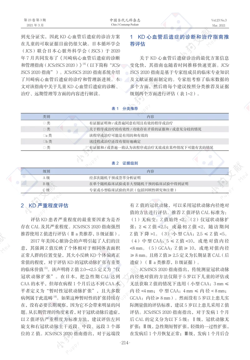 【儿科领域】《川崎病心血管后遗症的诊断和管理指南（JCSJSCS+2020）》解读