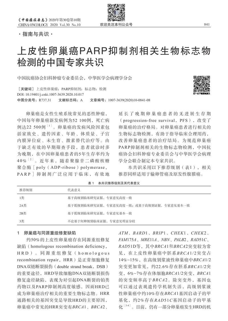 【妇产领域】上皮性卵巢癌PARP抑制剂相关生物标志物检测的中国专家共识